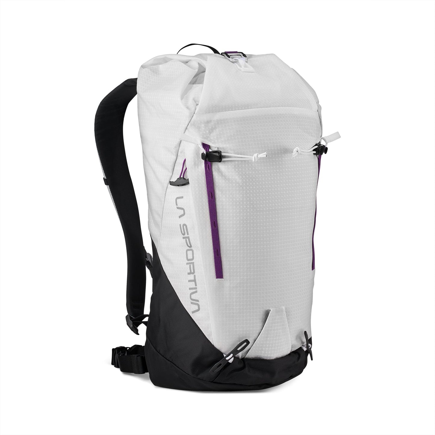 The La Sportiva Granite 22 Backpack is a white and black technical daypack with purple zipper accents, padded shoulder straps, buckles, and a minimalist design. It’s displayed standing upright against a white background.