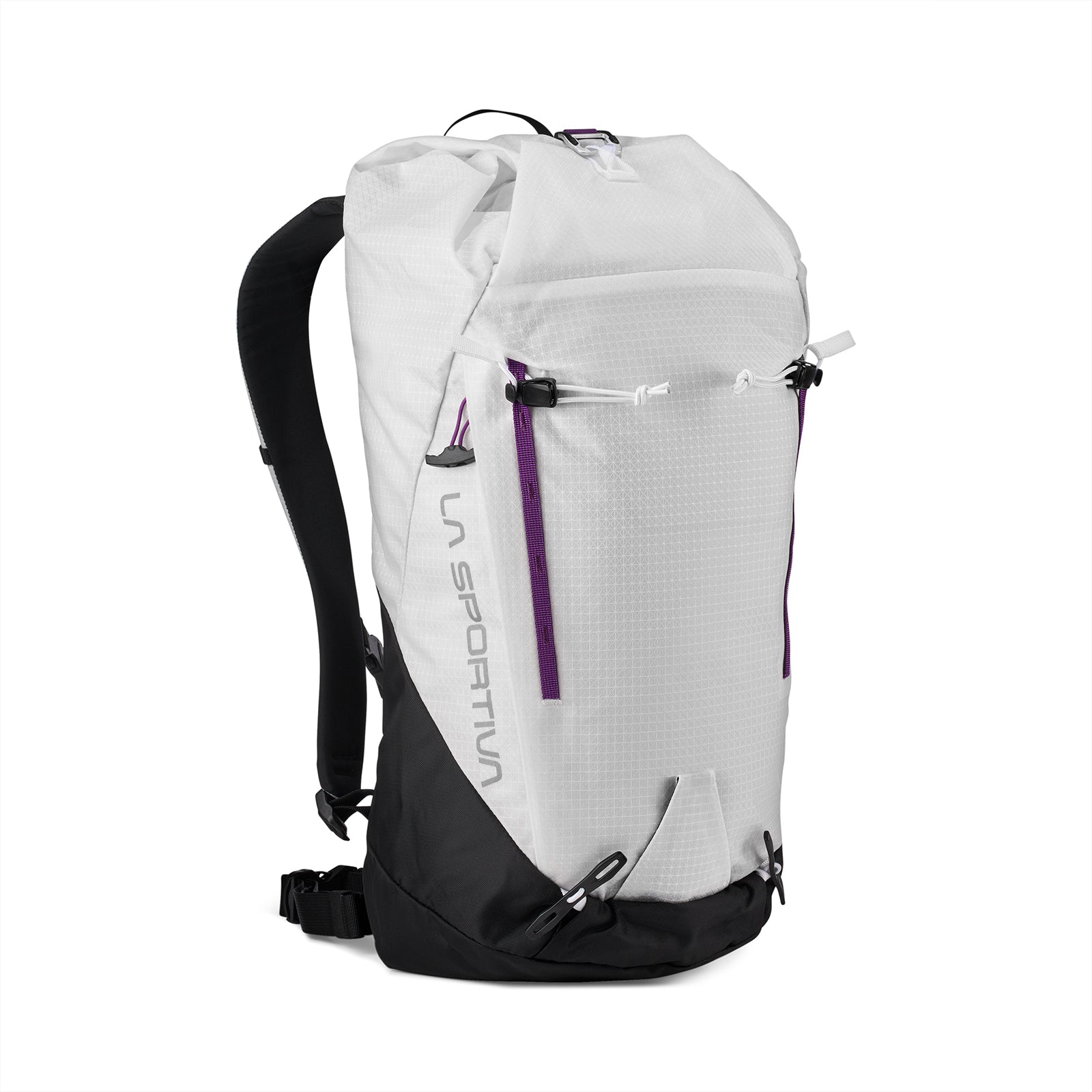 The La Sportiva Granite 22 Backpack is a white and black technical daypack with purple zipper accents, padded shoulder straps, buckles, and a minimalist design. It’s displayed standing upright against a white background.