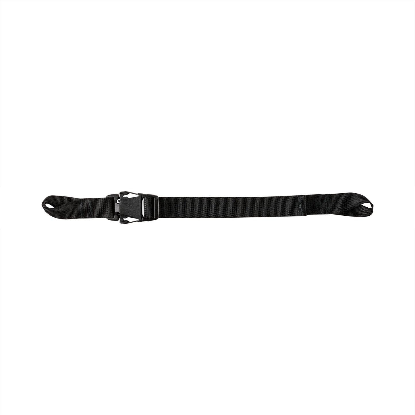 The La Sportiva Bag Compression Strap, featuring a plastic buckle, is shown laid out flat on a white background—ideal for use as a backpack gear strap or for securely fastening skis.
