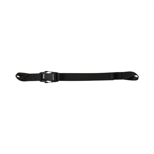 The La Sportiva Bag Compression Strap, featuring a plastic buckle, is shown laid out flat on a white background—ideal for use as a backpack gear strap or for securely fastening skis.