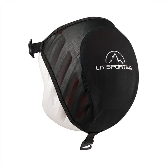 The La Sportiva Helmet Carry is a black and white cover with an adjustable strap, featuring the brand logo and a mountain graphic on the side.