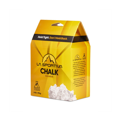 A yellow box of La Sportiva Chalk FL Medium (170g) features mountain graphics and the slogan "Hold Tight. Don’t Hold Back." White chalk is visible at the bottom of the box.