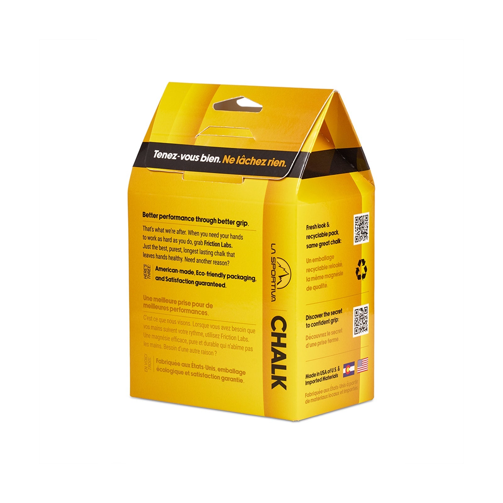 A bright yellow La Sportiva Chalk FL Medium box with black accents, English and French text, eco-friendly symbols, a top carrying handle, and visible brand and product info.