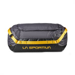 The La Sportiva Nomad 70 Duffel Bag is gray and black with yellow accents, bold LA SPORTIVA text on the side, sturdy yellow straps, made from recycled materials, and sized to be carry-on compatible.