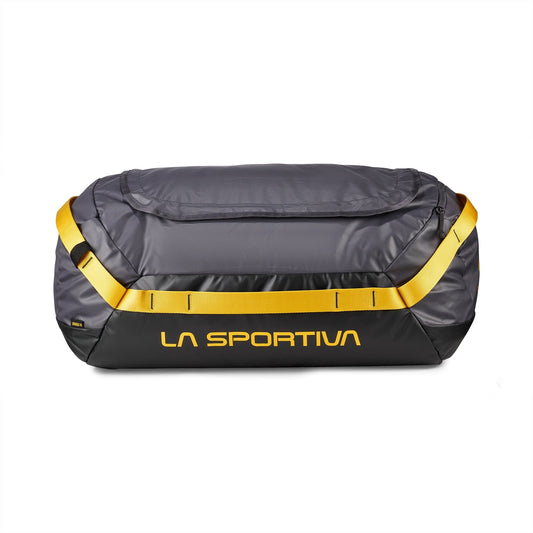 The La Sportiva Nomad 70 Duffel Bag is gray and black with yellow accents, bold LA SPORTIVA text on the side, sturdy yellow straps, made from recycled materials, and sized to be carry-on compatible.