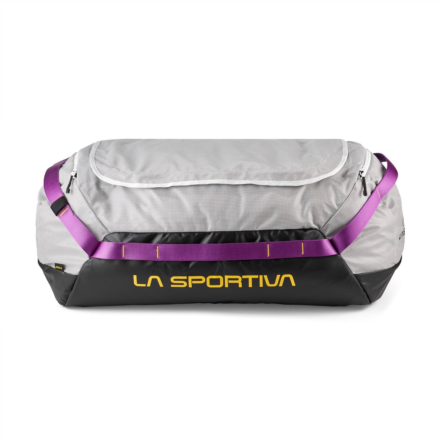 The La Sportiva Nomad 70 Duffel Bag is gray and black with purple handles, yellow side branding, and is carry-on compatible for convenient travel.