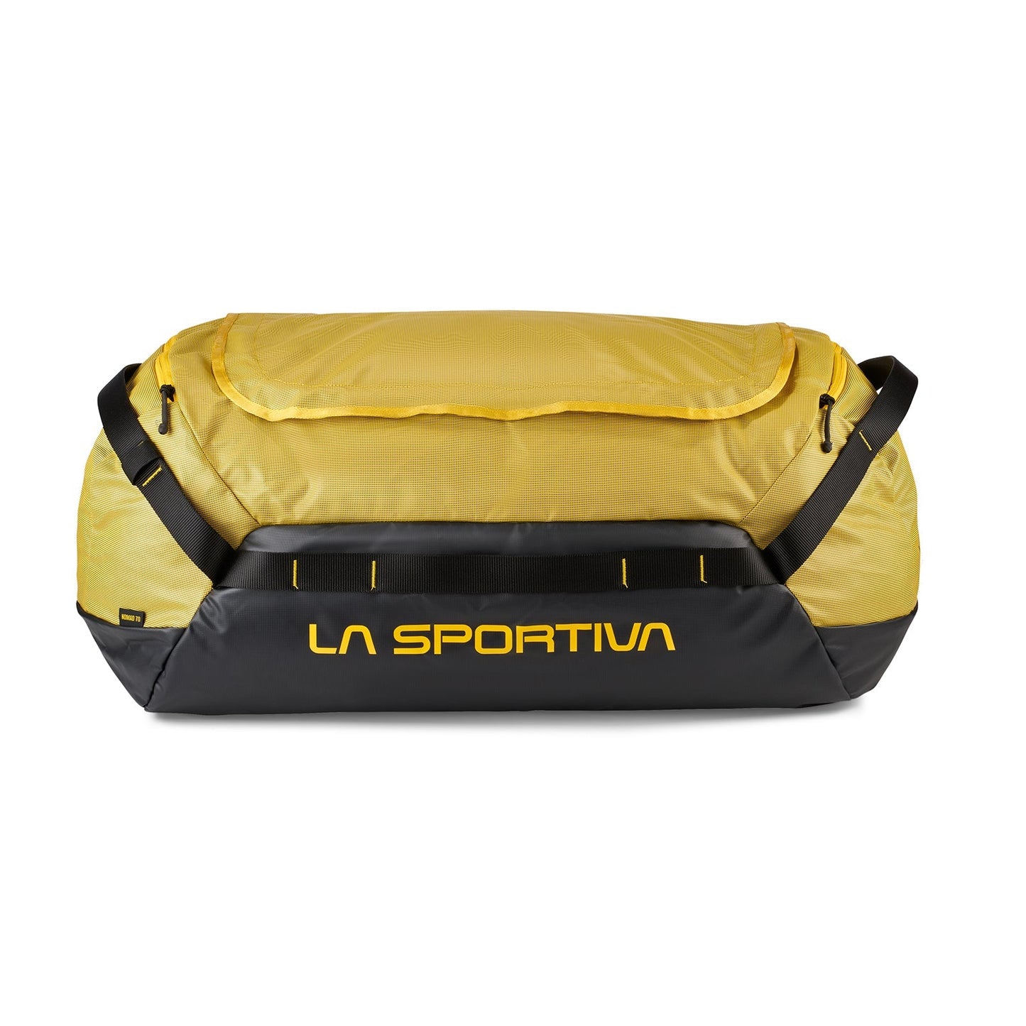 The Nomad 70 Duffel Bag by La Sportiva is a yellow and black recycled bag with bold yellow LA SPORTIVA lettering, a spacious main compartment, sturdy black straps, and is carry-on compatible—ready for your next adventure.