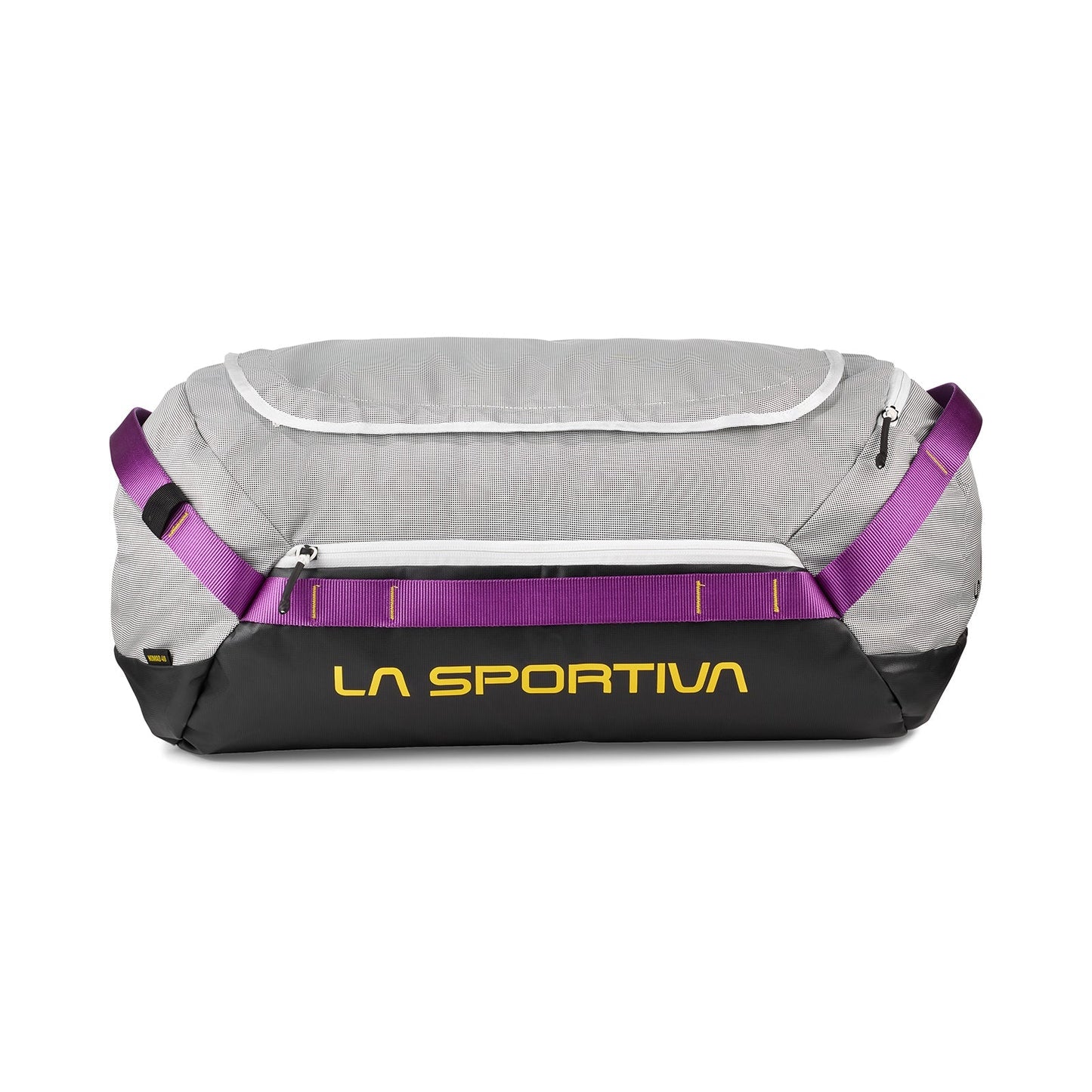 The La Sportiva Nomad 40 Duffel Bag features a gray and black design with purple straps and yellow "LA SPORTIVA" text on the front, displayed against a white background.