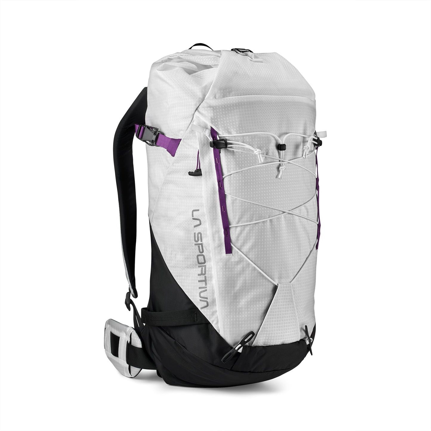 The La Sportiva Granite 32 Backpack is a white and black hiking pack with purple accents, featuring a large top compartment, adjustable shoulder straps, hip belt, and front elastic cord, shown on a plain white background.