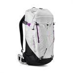 The La Sportiva Granite 32 Backpack is a white and black hiking pack with purple accents, featuring a large top compartment, adjustable shoulder straps, hip belt, and front elastic cord, shown on a plain white background.