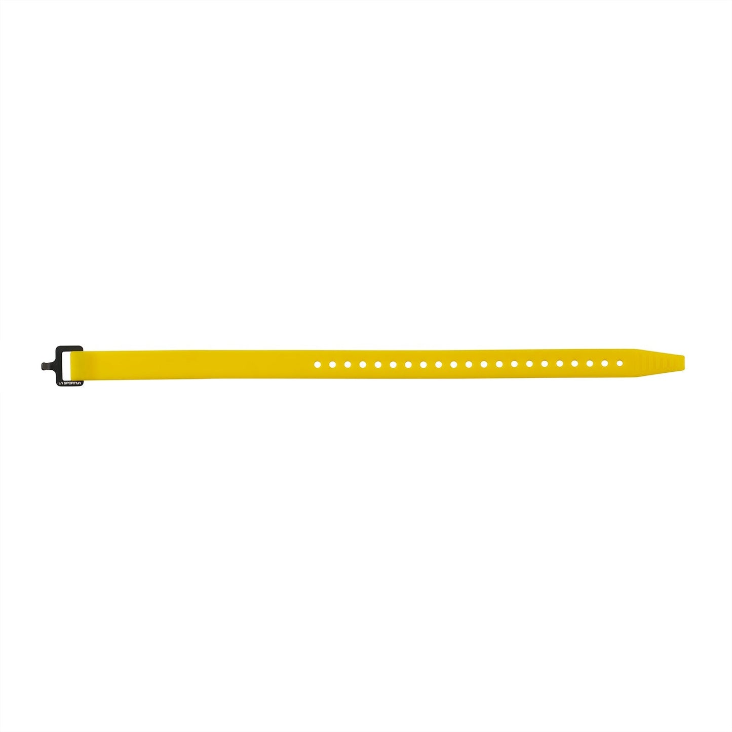 The La Sportiva Ski Strap is a yellow adjustable silicone strap with multiple holes and a black buckle, shown flat on a white background—ideal for ski storage and transport.