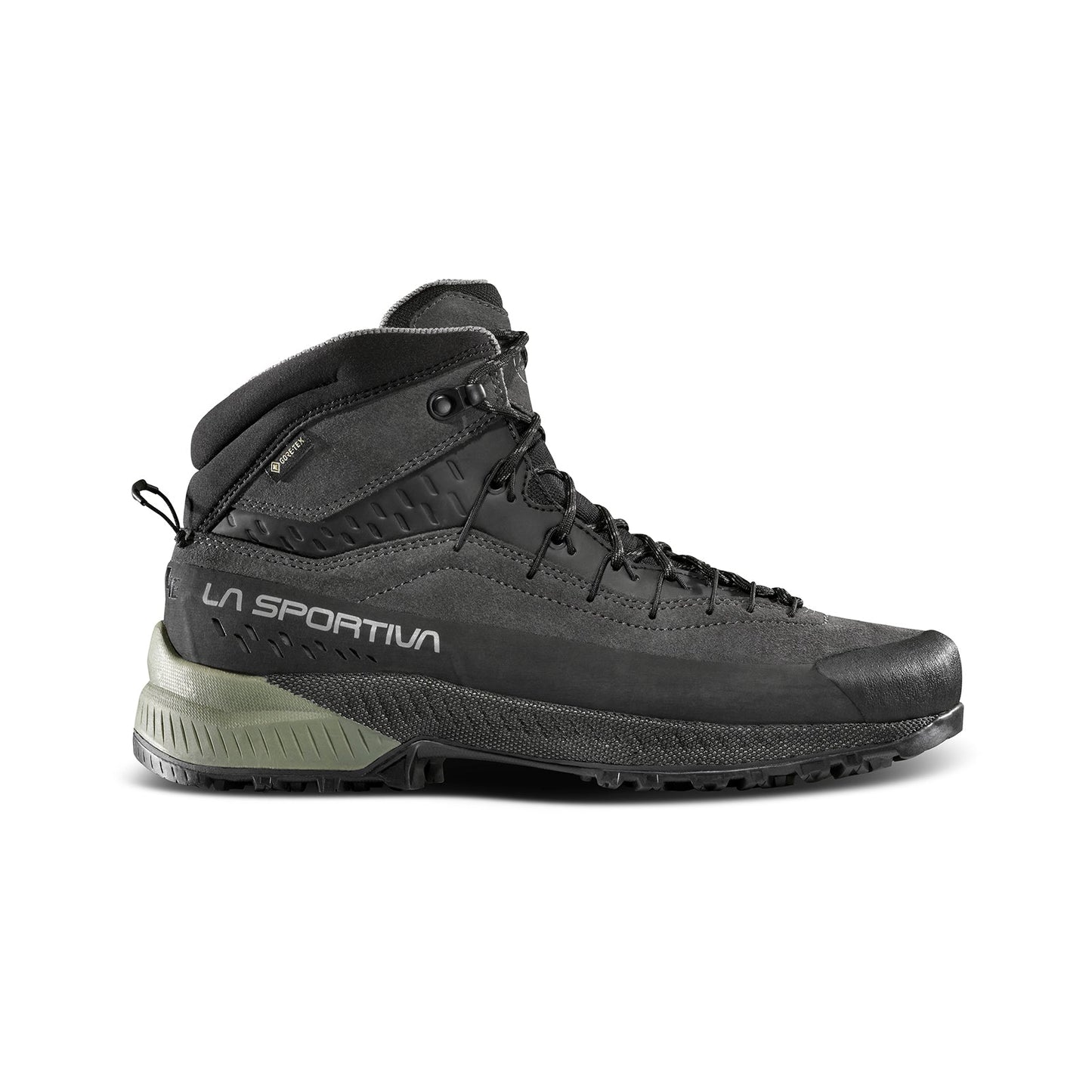 A La Sportiva TX4 EVO Mid GTX hiking boot in black and gray with Gore-Tex, rugged sole, ankle support, and laces, shown side view on a white background.