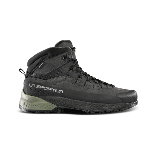 A La Sportiva TX4 EVO Mid GTX hiking boot in black and gray with Gore-Tex, rugged sole, ankle support, and laces, shown side view on a white background.