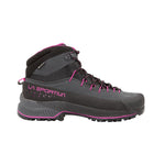The La Sportiva TX4 EVO Mid GTX Women's shoe, in gray and black with magenta accents and laces, is shown on a white background displaying the La Sportiva logo on the side.