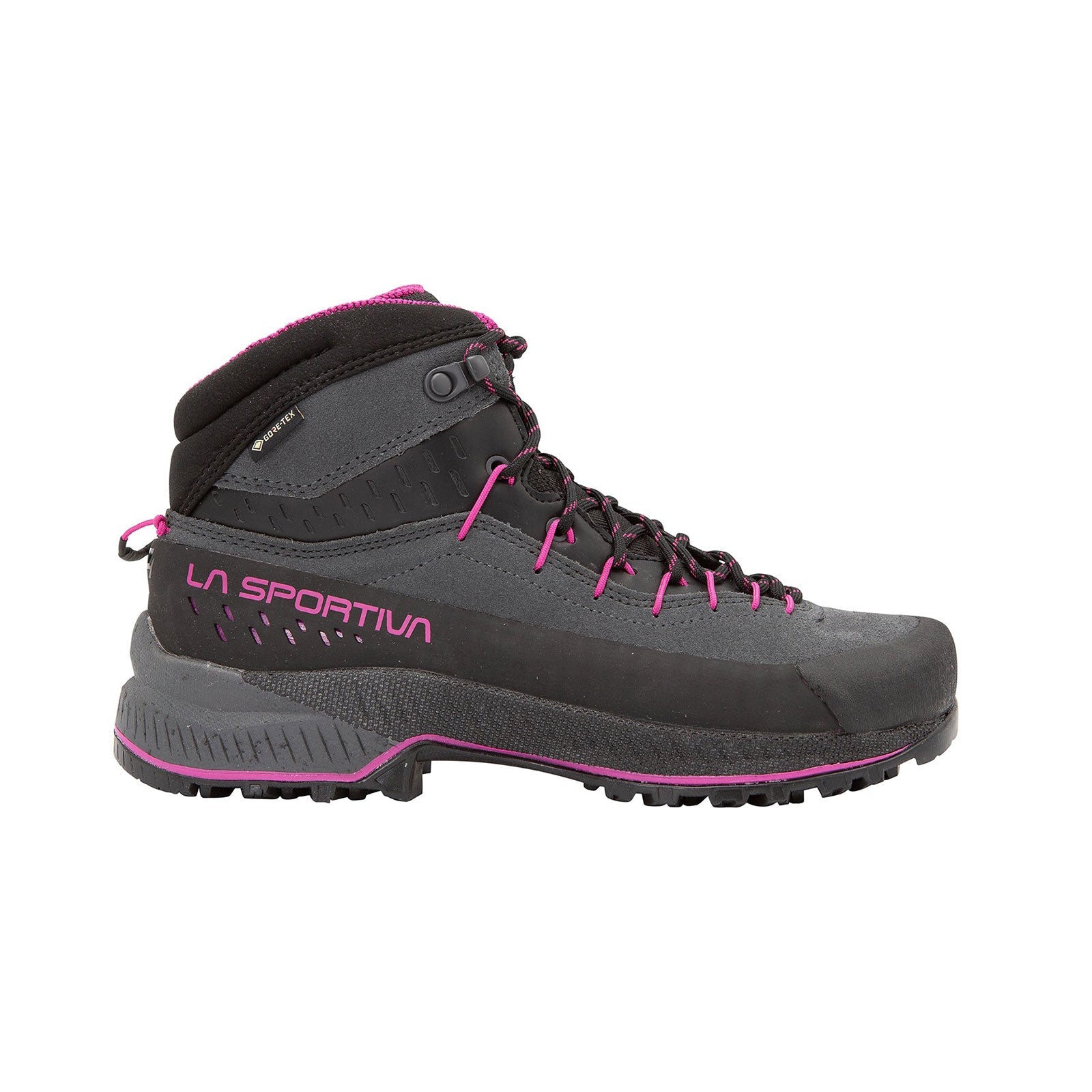 The La Sportiva TX4 EVO Mid GTX Women's shoe, in gray and black with magenta accents and laces, is shown on a white background displaying the La Sportiva logo on the side.