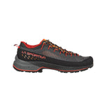 The La Sportiva TX4 EVO ST is a black and gray hiking shoe with orange accents, red laces, a durable resole platform for outdoor use, and "La Sportiva" printed in orange on the side.
