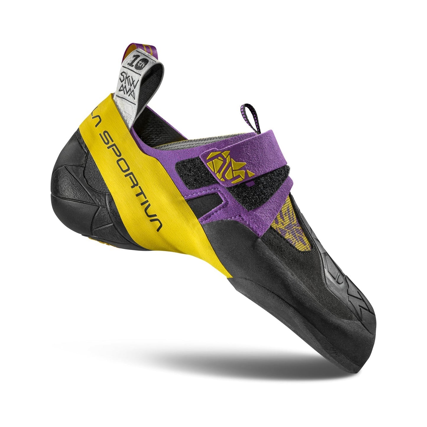 The La Sportiva Skwama is a performance climbing shoe with an aggressive, downturned shape, pointed toe, black sole, yellow side, and purple hook-and-loop strap. It displays the La Sportiva logo and Skwama label on the heel.