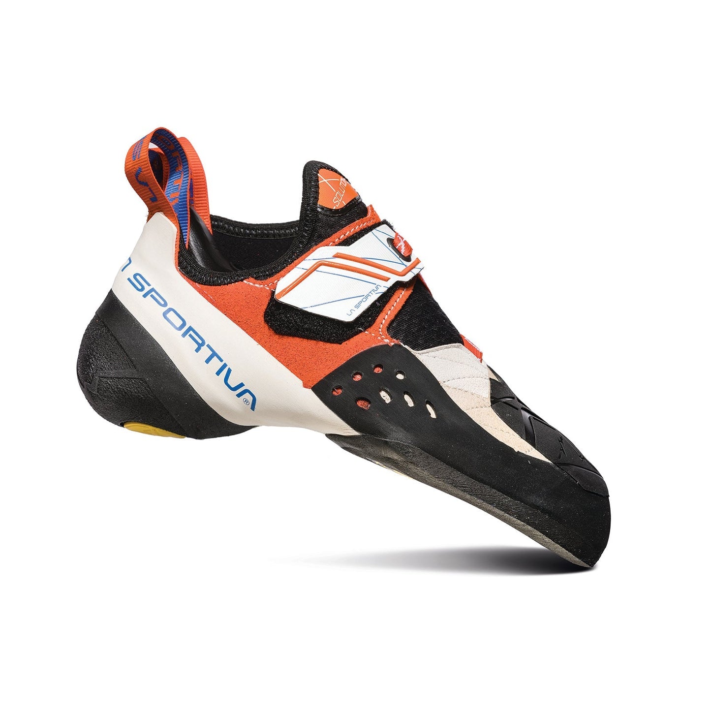 A single La Sportiva Solution Women's downturned climbing shoe in red, white, and black with two Velcro straps and a curved Vibram XS Grip2 sole, shown angled on a white background.