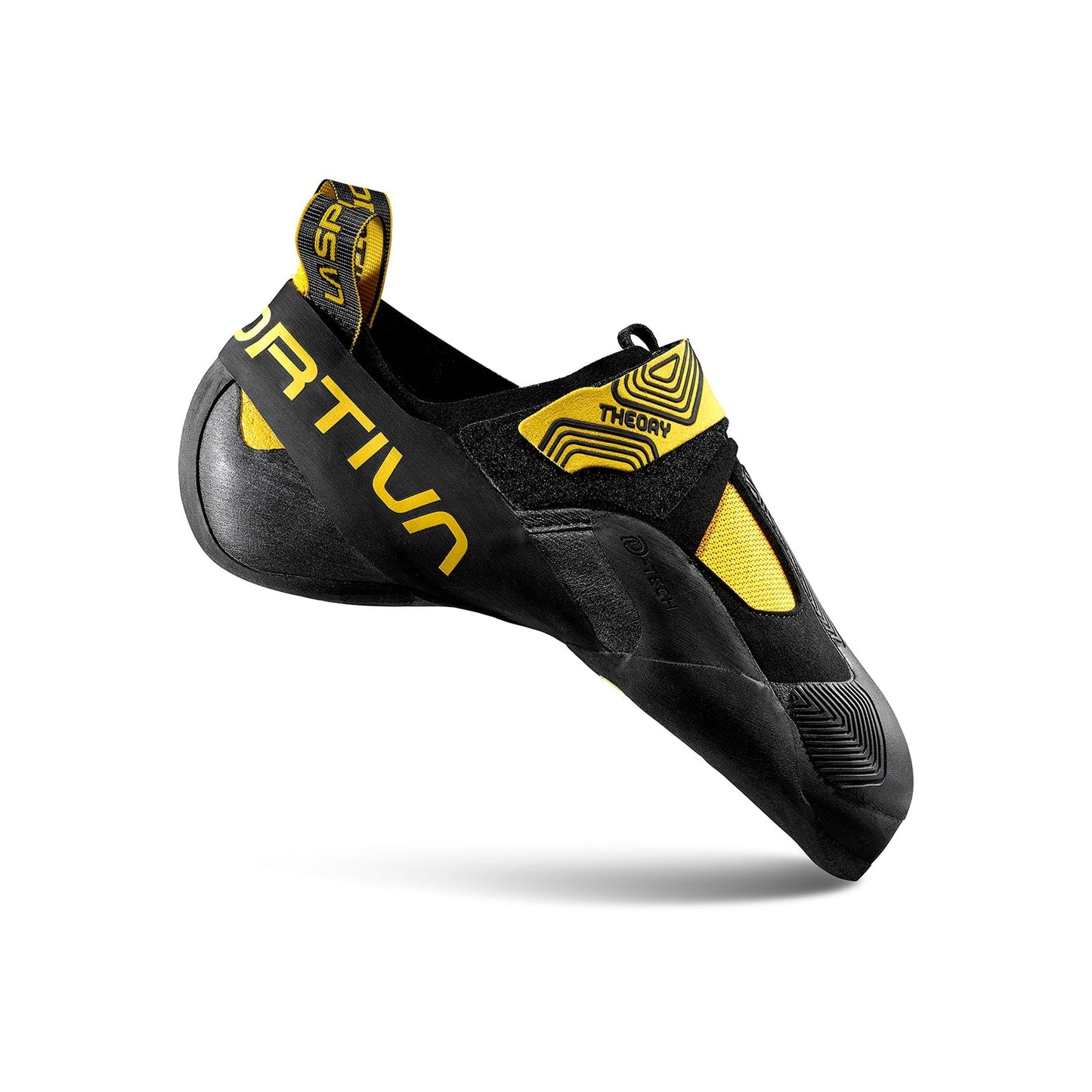 The La Sportiva Theory is a black and yellow aggressive climbing slipper with No-Edge technology, curved sole, elastic closure, and bold branding, designed for top competition performance, shown against a white background.