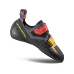 A single La Sportiva Kubo climbing shoe with a black, yellow, and red design, Velcro straps, and yellow branding—ideal for bouldering and technical climbs.