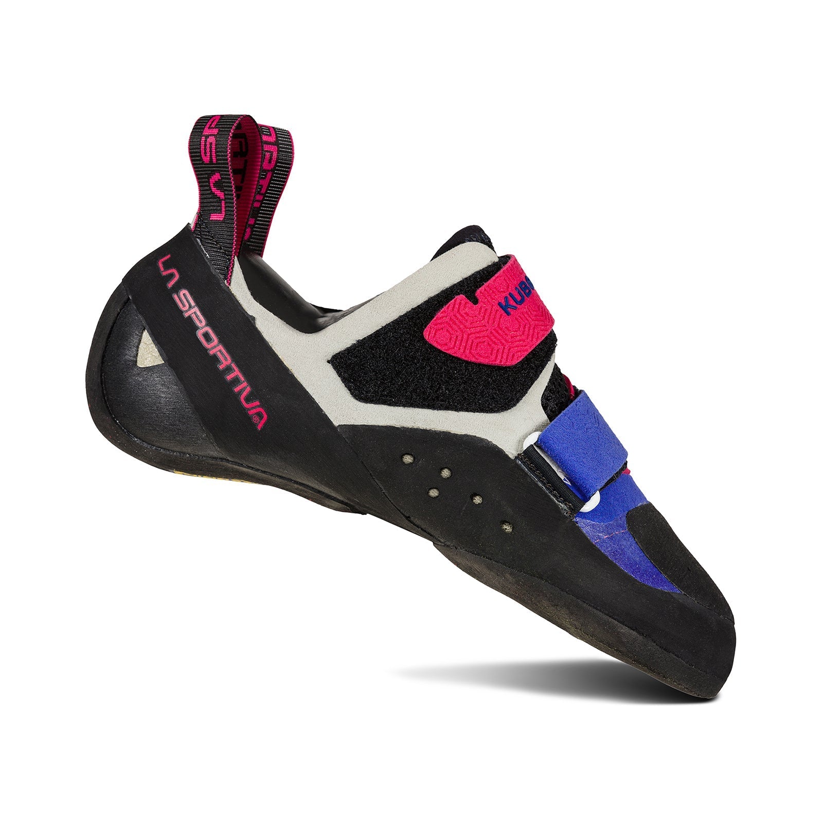 A single La Sportiva Kubo Women's climbing shoe with a black sole, white and black upper, blue accents, and pink geometric details is shown against a white background—ideal for bouldering.