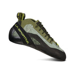 The La Sportiva TC Pro climbing shoe, shown on a white background, features green and black colors, yellow branding, a lace-up design, and a durable rubber sole.