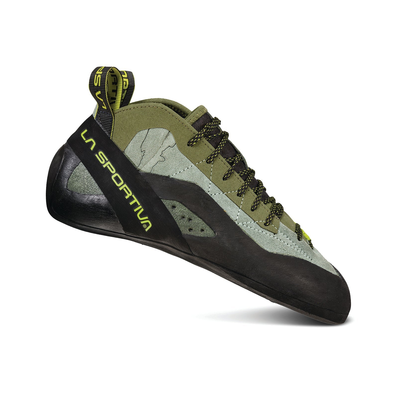 The La Sportiva TC Pro climbing shoe, shown on a white background, features green and black colors, yellow branding, a lace-up design, and a durable rubber sole.
