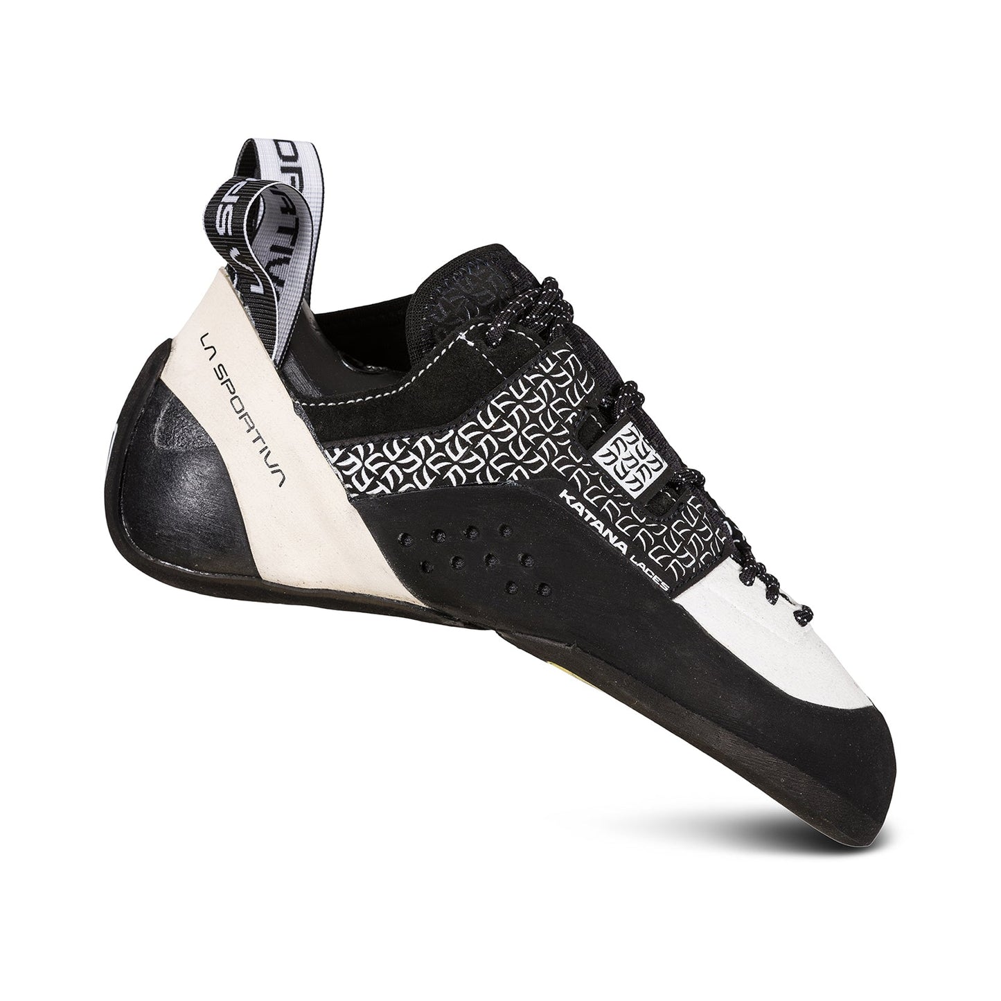 The La Sportiva Katana Lace Women's climbing shoe is shown in black and white on a white background, featuring laces, a patterned upper, heel pull tab, and specialized design for excellent edging performance.