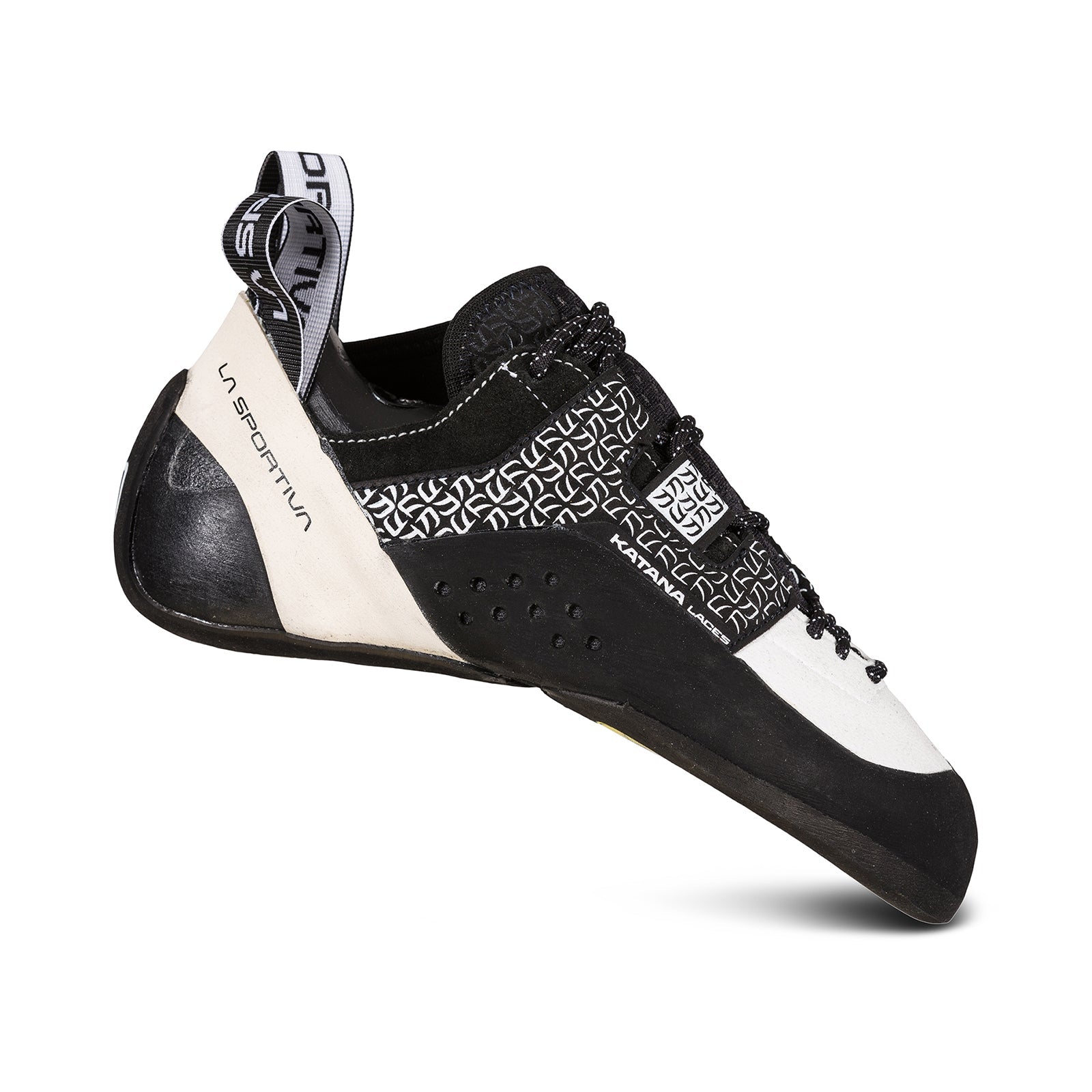 The La Sportiva Katana Lace Women's climbing shoe is shown in black and white on a white background, featuring laces, a patterned upper, heel pull tab, and specialized design for excellent edging performance.