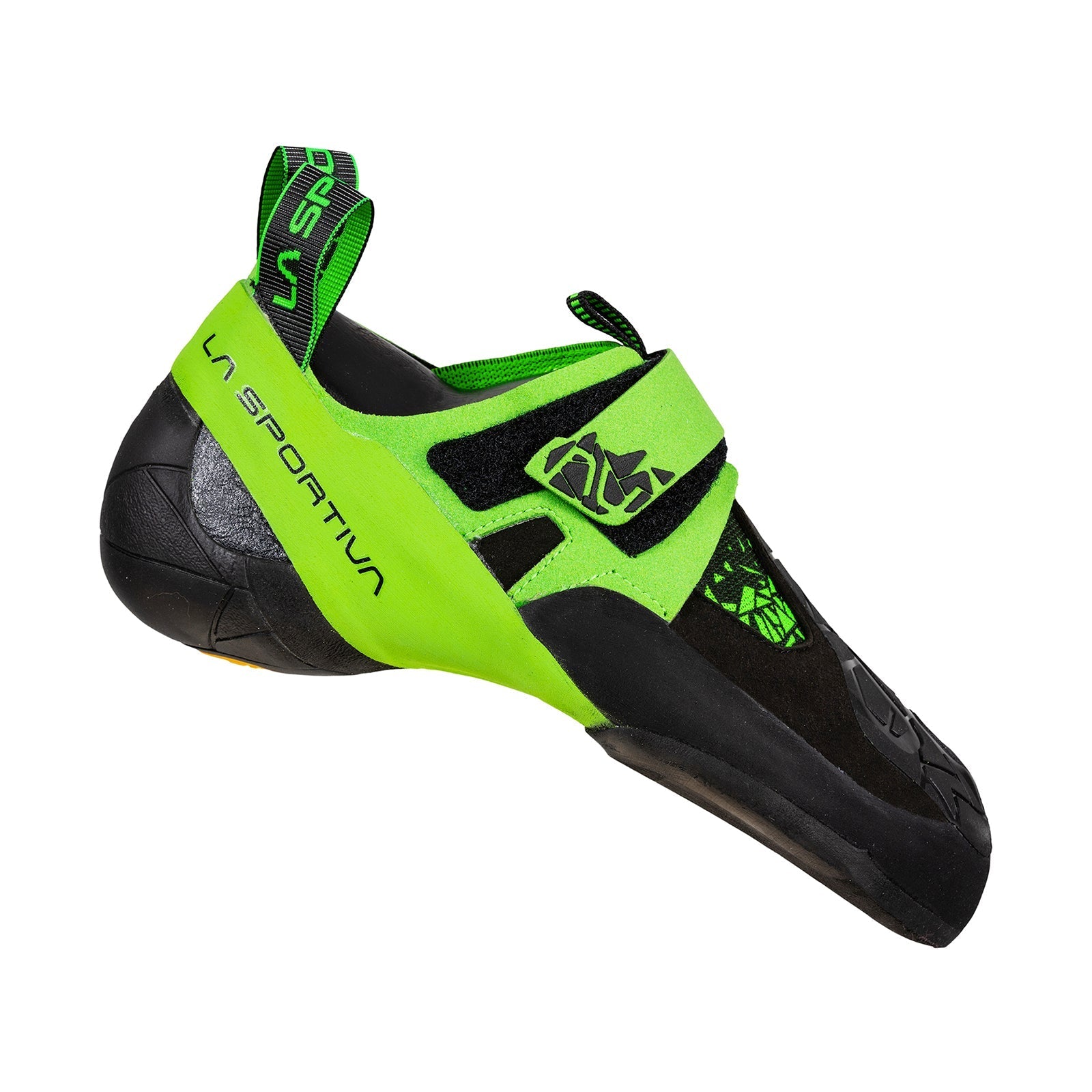 The La Sportiva Skwama Vegan climbing shoe features a bright green and black design, Velcro straps, rubber toe cap, and a slightly downturned shape for high-performance, technical rock climbing.