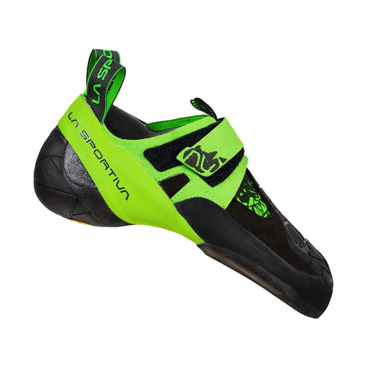 The La Sportiva Skwama Vegan climbing shoe features a bright green and black design, Velcro straps, rubber toe cap, and a slightly downturned shape for high-performance, technical rock climbing.