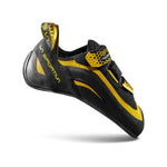 A side profile of the La Sportiva Miura VS climbing shoe in yellow and black, featuring two Velcro straps and a looped heel tab for precise edging, displayed on a white background.