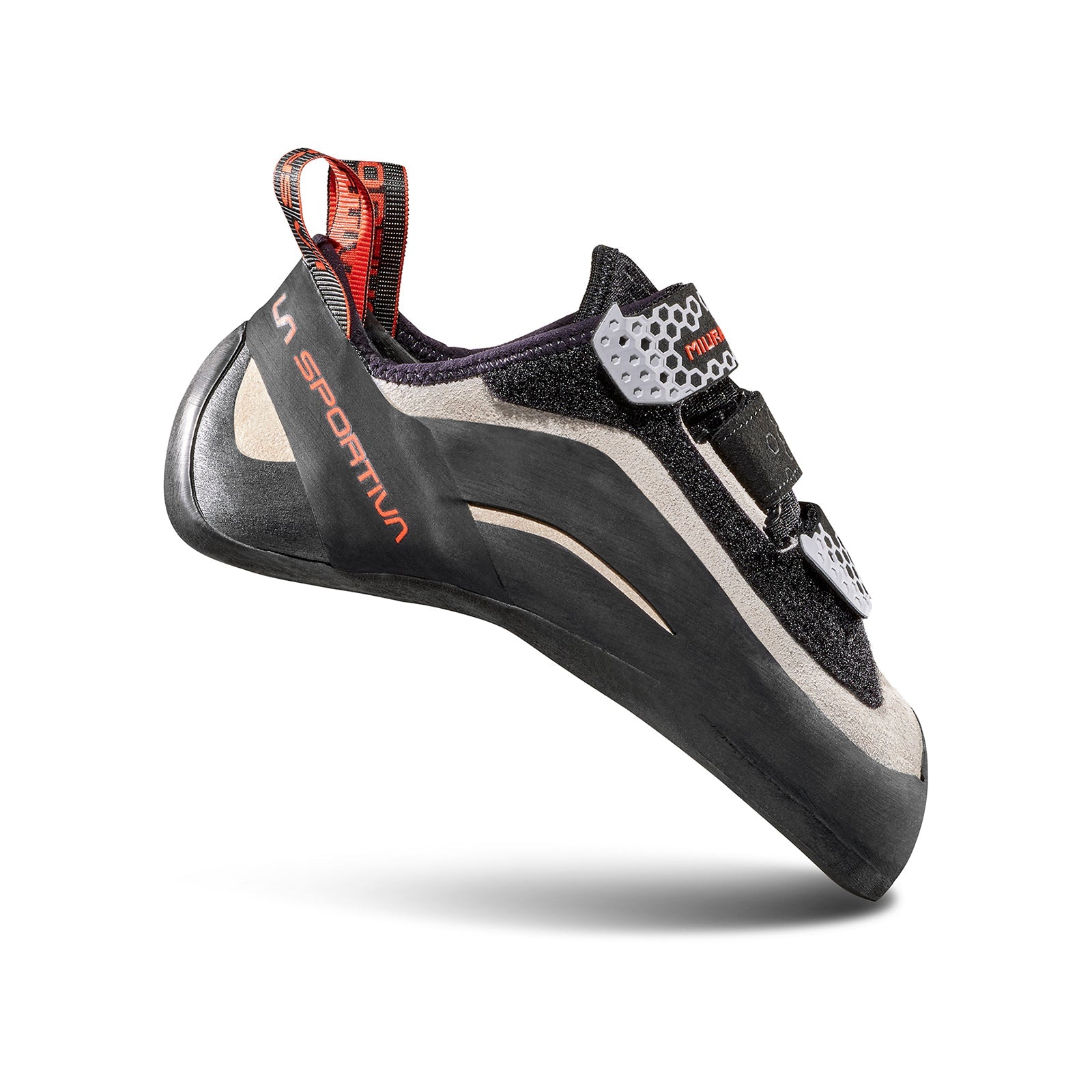 The La Sportiva Miura VS Women's rock climbing shoe in black, gray, and white features two hook-and-loop straps and a red pull tab—designed for outstanding edging performance.