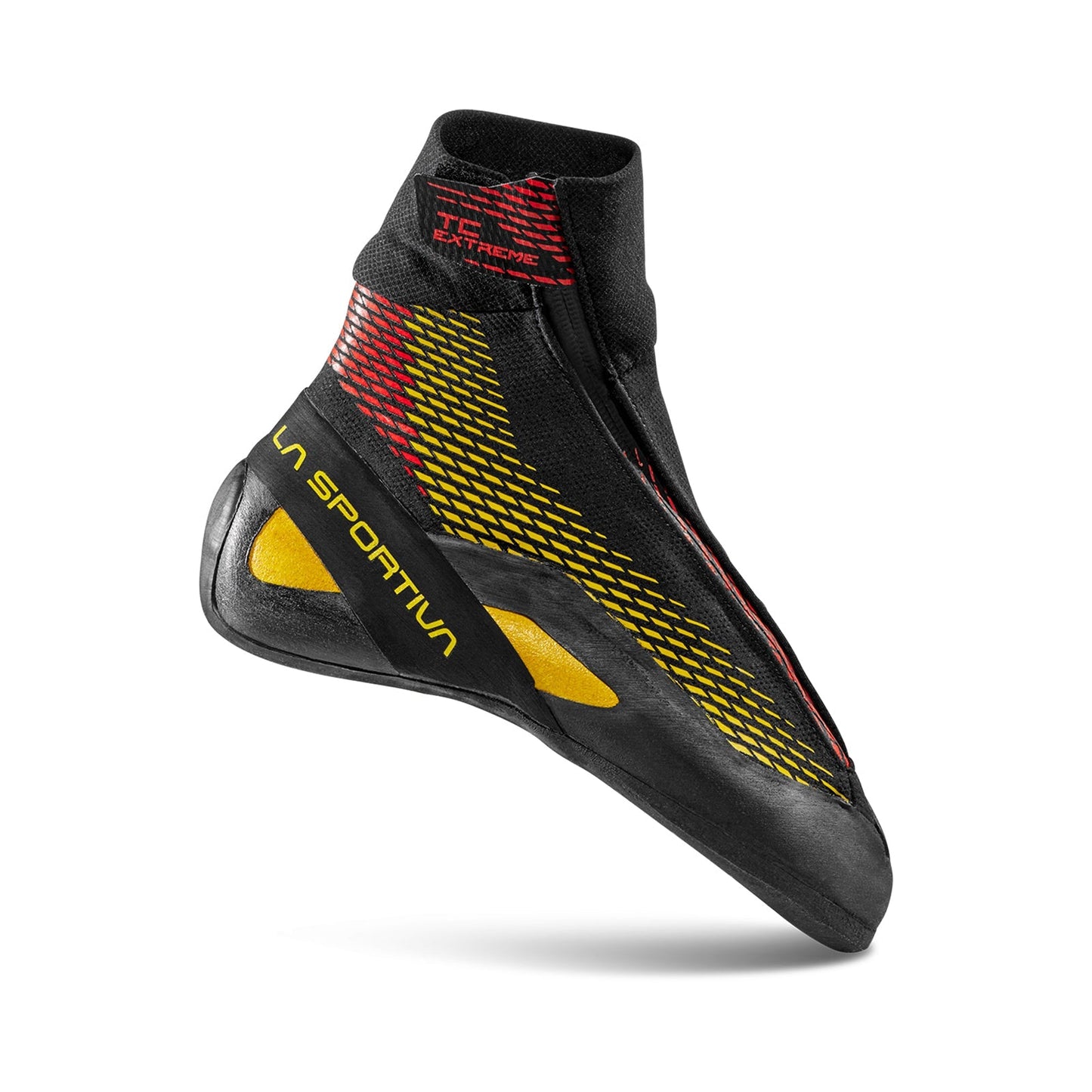 The La Sportiva TC Extreme is a black insulated climbing shoe with yellow and red accents, a high sock-like ankle for winter climbs, aerodynamic design, and the brand name in yellow on the side.
