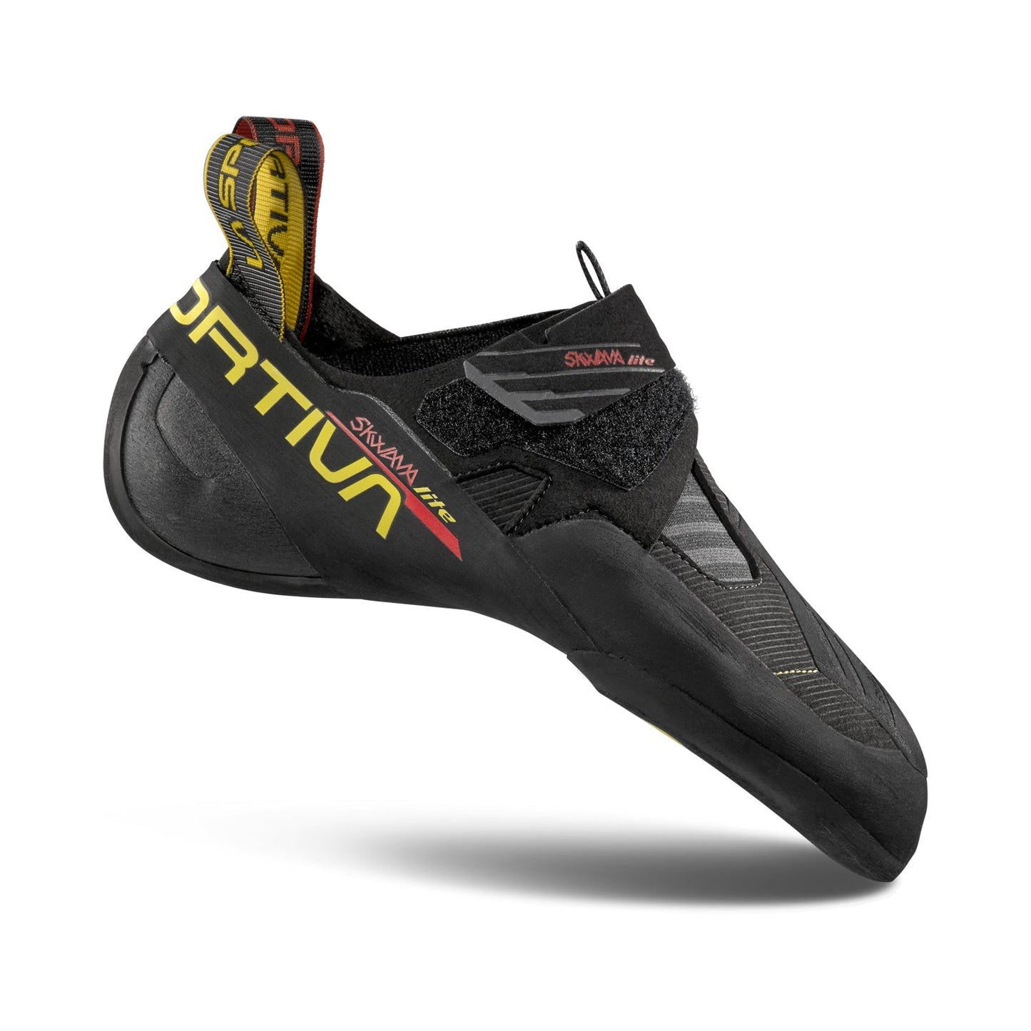 The La Sportiva Skwama Lite is a black climbing shoe with yellow and red accents, showcasing the brand on the side. It features a velcro strap, heel pull tab, and a textured rubber sole for enhanced grip.
