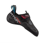 A black and red La Sportiva Skwama Lite Womens climbing shoe with a Velcro strap is shown against a white background, angled to display the side and top, highlighting its style.