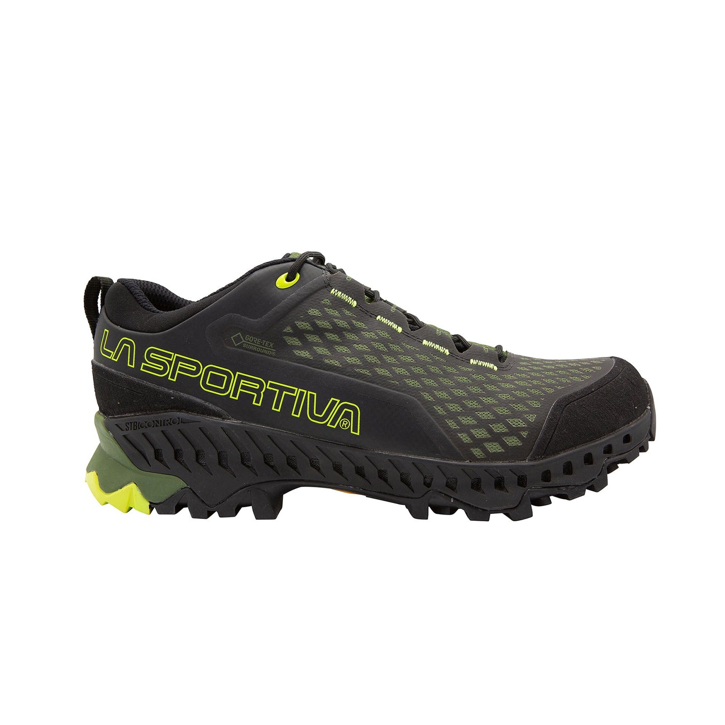 The La Sportiva Spire GTX is a black and dark green trail running shoe with rugged sole, yellow-green accents, LA SPORTIVA branding, Gore-Tex Surround waterproof membrane, low-cut design, and durable build for outdoor adventures.