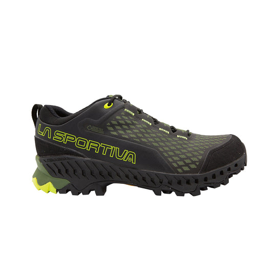 The La Sportiva Spire GTX is a black and dark green trail running shoe with rugged sole, yellow-green accents, LA SPORTIVA branding, Gore-Tex Surround waterproof membrane, low-cut design, and durable build for outdoor adventures.