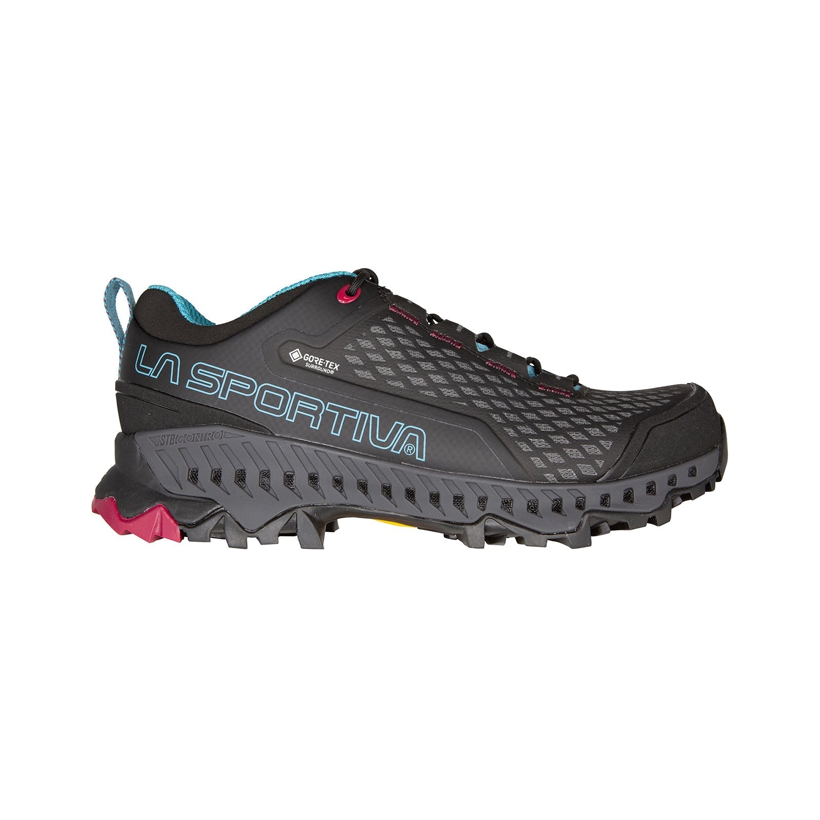 The La Sportiva Spire GTX Women's is a black and dark gray backpacking shoe with blue accents, red eyelets, teal lining, rugged sole, and Gore-Tex Surround label for reliable waterproof hiking.