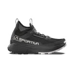 The La Sportiva Prodigio Hike GTX is a black trail running shoe with white accents, mesh upper, bold LA SPORTIVA branding, durable sole, and heel pull tab—built for rugged mountain hiking and outdoor performance.