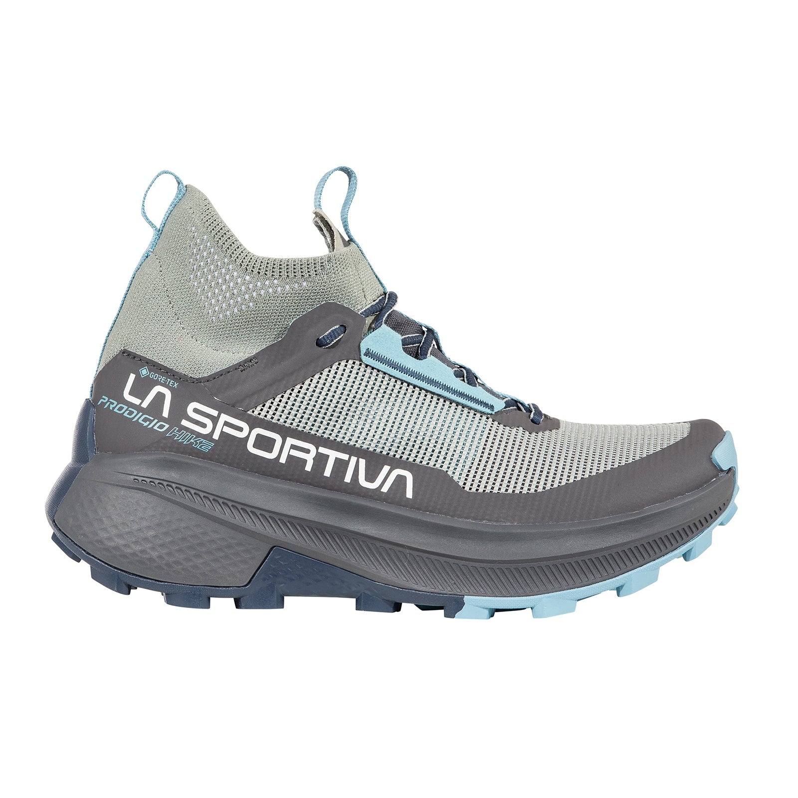 The La Sportiva Prodigio Hike GTX Women's shoe features a grey and blue mesh upper, high ankle collar, rugged sole for trail running or hiking, and a waterproof Gore-Tex lining to keep your feet dry.