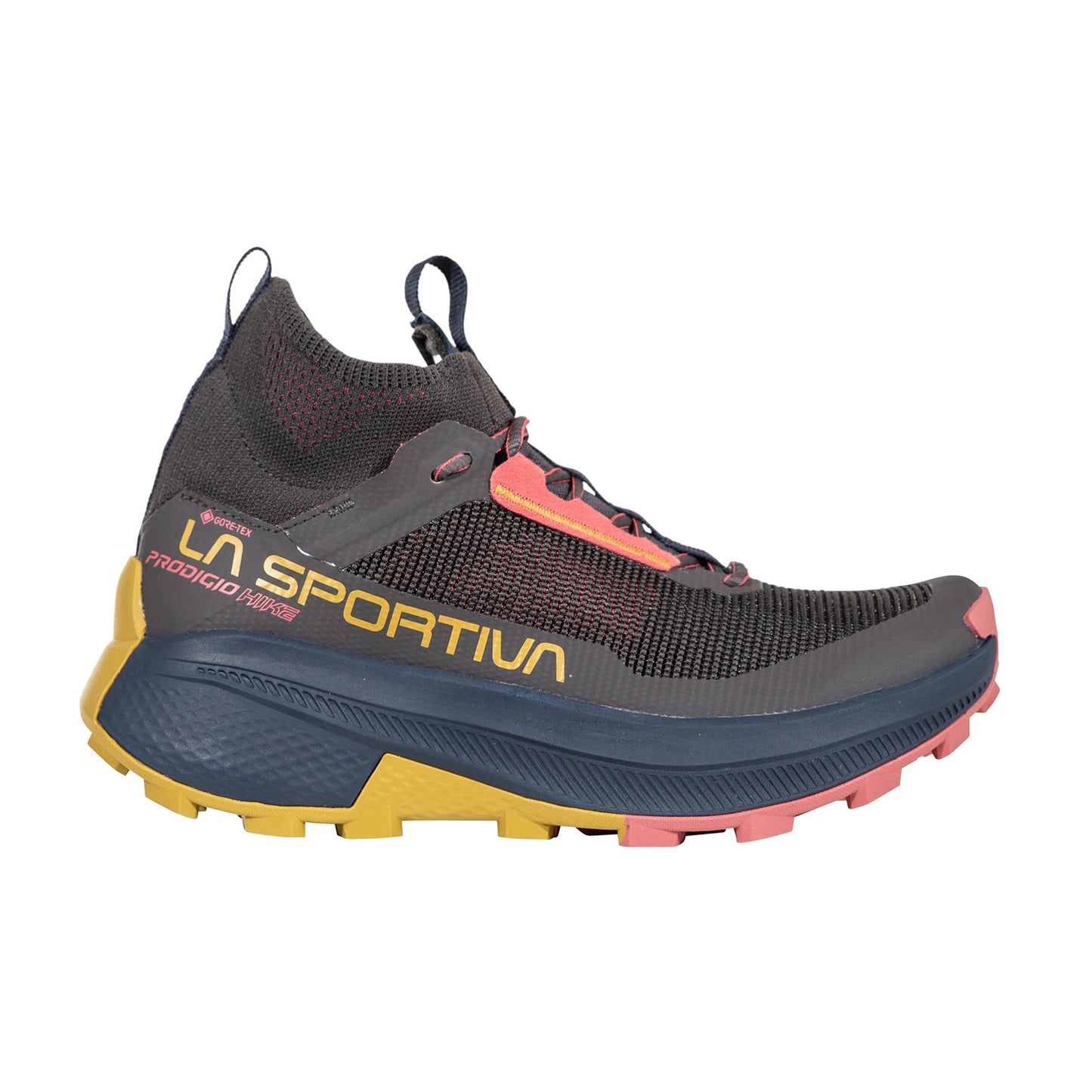 The La Sportiva Prodigio Hike GTX Women's shoe features a black/gray mesh Gore-Tex upper, yellow branding, pink/yellow midsole, and rugged tread—perfect for trail running and hiking.