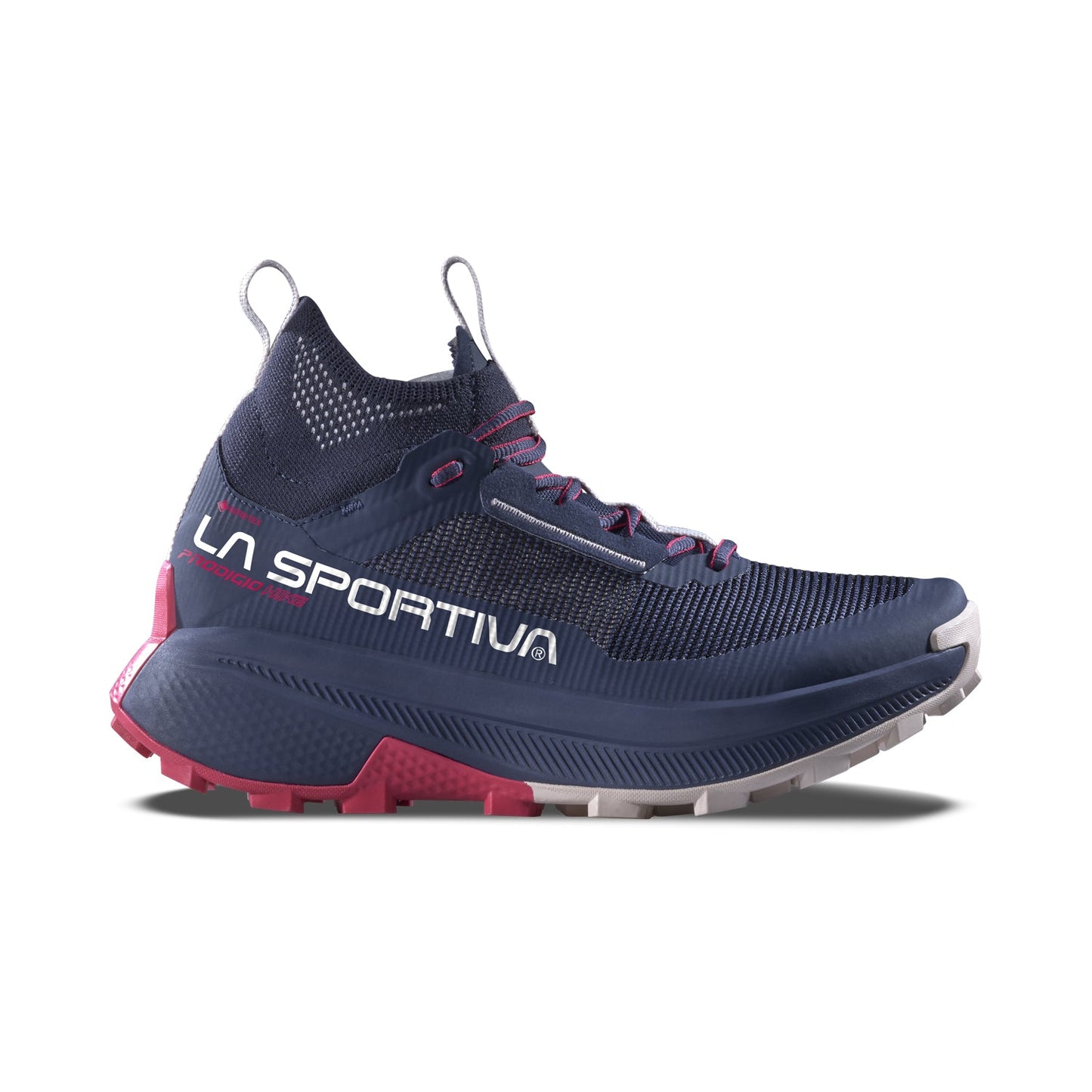 The La Sportiva Prodigio Hike GTX Women's is a navy blue and red trail running and hiking shoe with a white logo, mesh upper, Gore-Tex lining, high ankle collar, and rugged sole for traction.