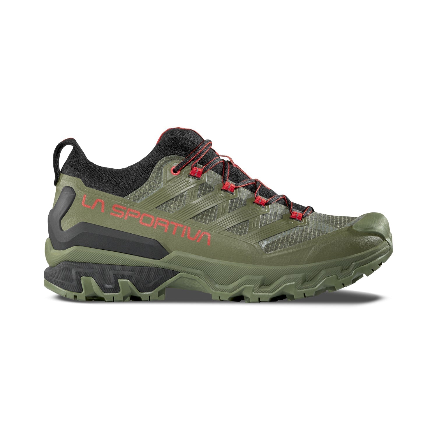 The La Sportiva Ultra Raptor 3 is a green trail running shoe with black and red accents, red laces, and rugged tread, shown side profile on white—ideal for breathability and hiking.