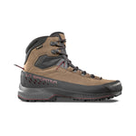 The La Sportiva TX5 EVO Mid GTX is a brown and black hiking boot with red accents, sturdy tread, ankle support, metal eyelets, and waterproof Gore-Tex. "La Sportiva" appears in red on the side of the sole. Durable and built for outdoor use.