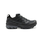 The La Sportiva Ultra Raptor 3 GTX is a black waterproof hiking shoe featuring rugged tread, mesh upper, reinforced toe, and lace-up closure, designed for trail-running agility on outdoor adventures and rough terrain.
