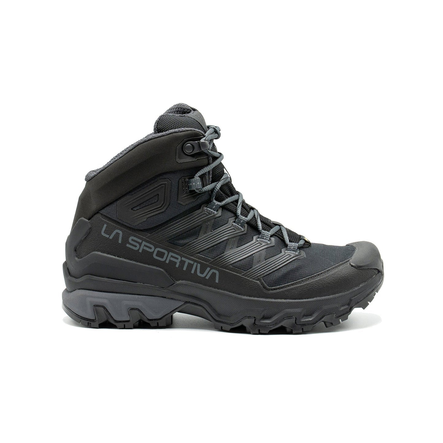 The La Sportiva Ultra Raptor 3 Mid GTX is a black waterproof hiking boot featuring rugged tread, mid-ankle support, and detailed lacing, shown in a left side profile on a white background.