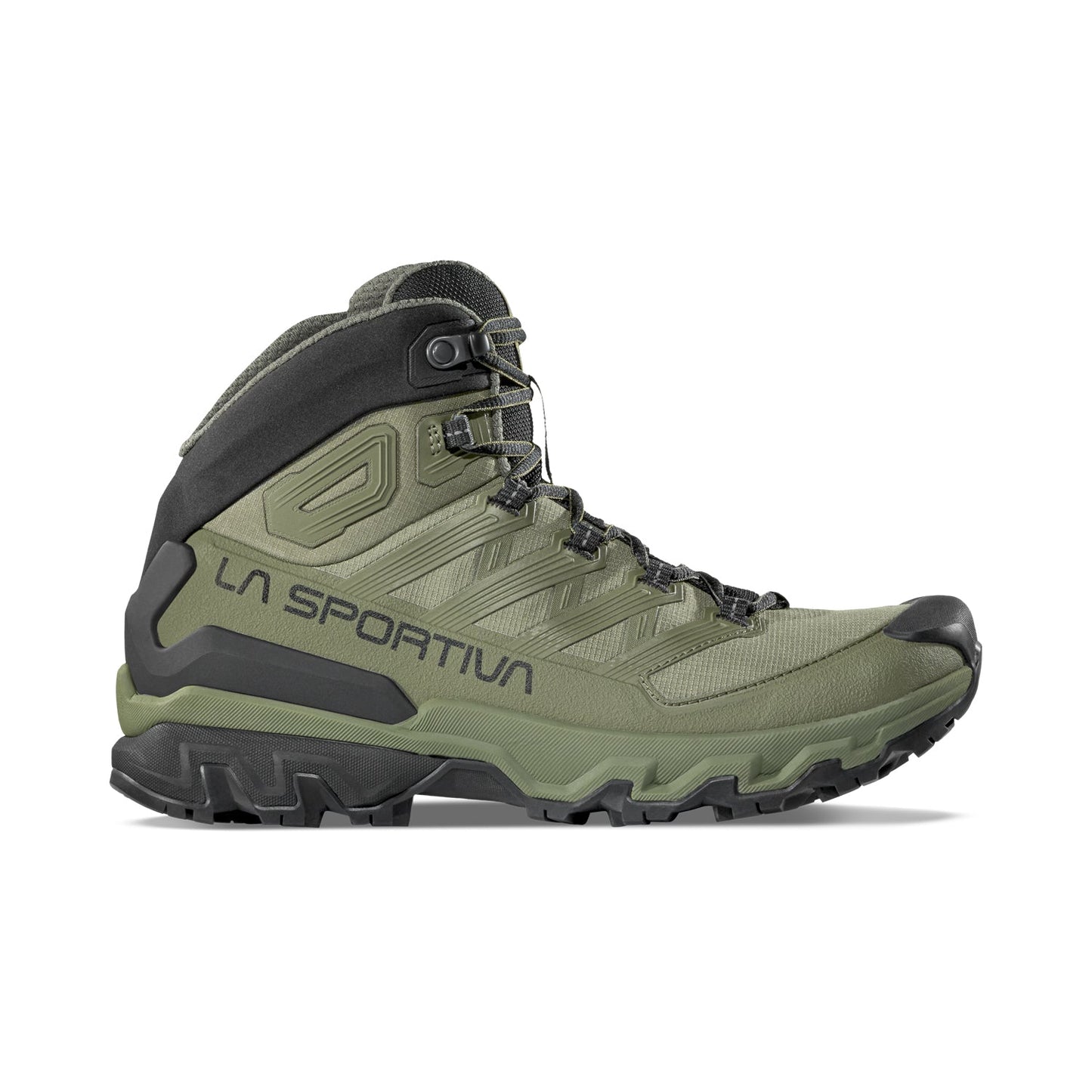 The La Sportiva Ultra Raptor 3 Mid GTX hiking boot features a green and black design, high ankle support, rugged sole, side branding, and waterproof protection; shown on a white background.