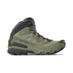 The La Sportiva Ultra Raptor 3 Mid GTX hiking boot features a green and black design, high ankle support, rugged sole, side branding, and waterproof protection; shown on a white background.