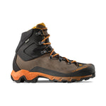 The La Sportiva Aequilibrium Trek GTX is a brown and orange hiking boot with black accents, high ankle support, orange laces, and a rugged sole—perfect for backpacking. The La Sportiva logo appears on the side.